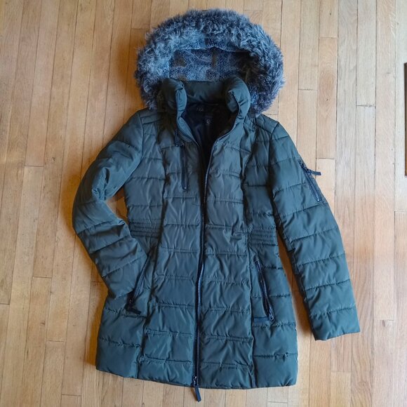 NAUTICA Long Dark Green Puffer Jacketw/detachable faux fur trimmed hood - size S - Picture 2 of 8